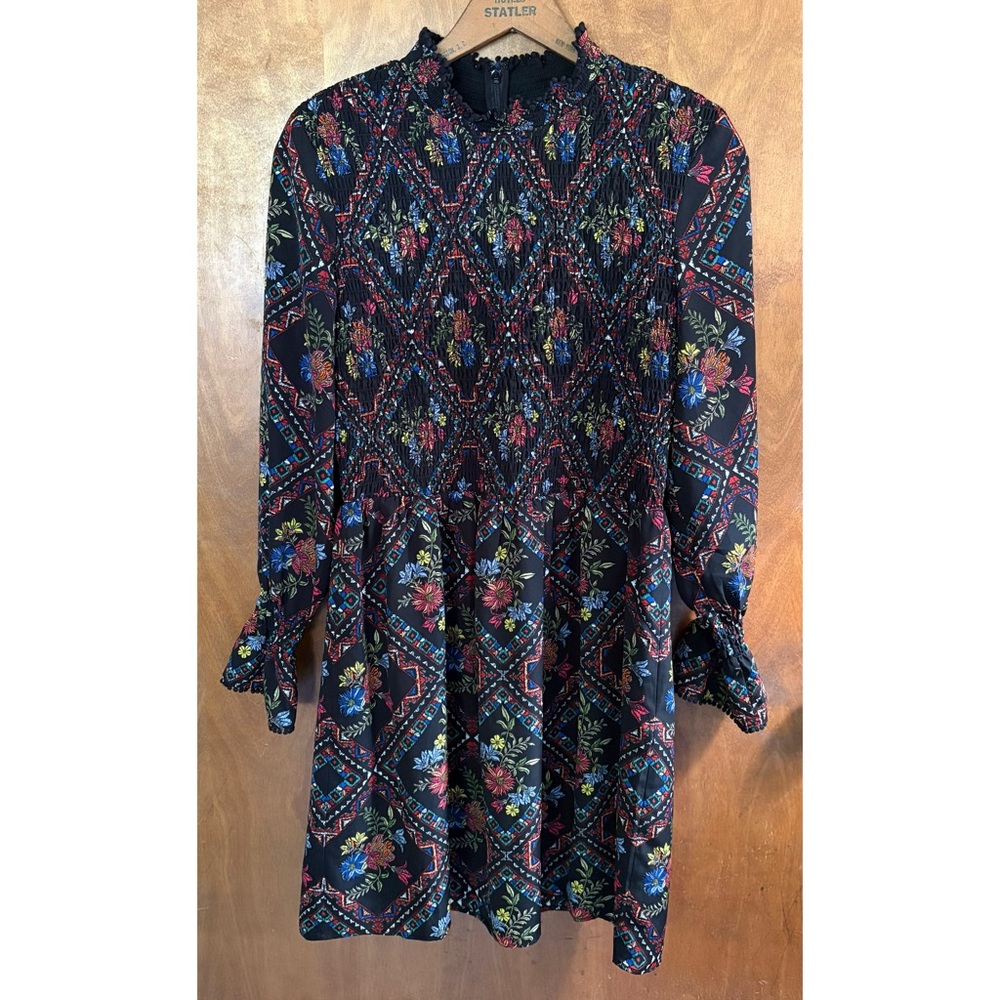 Laundry by Shelli Segal Black Paisley Floral Smocked Dress High Neck Puff Sleeve